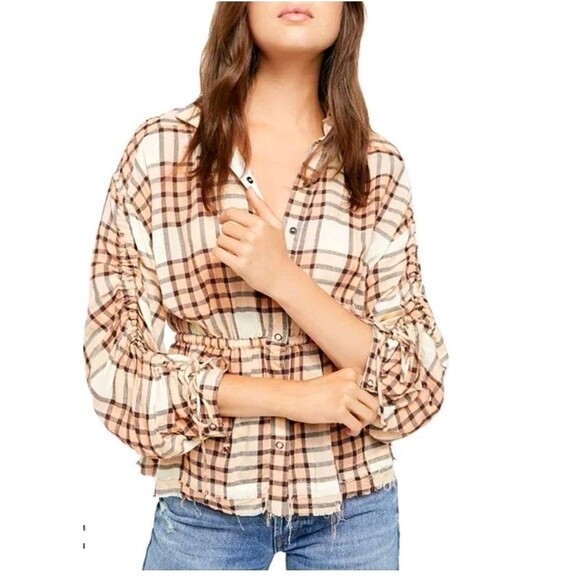 We The Free Pacific Dawn Peach Brown Plaid Button Down Top Boho Women's Shirt L - Picture 12 of 12